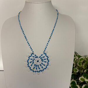 Handmade Blue White Beaded Pendant Necklace Boho Tribal Seed Bead Jewelry